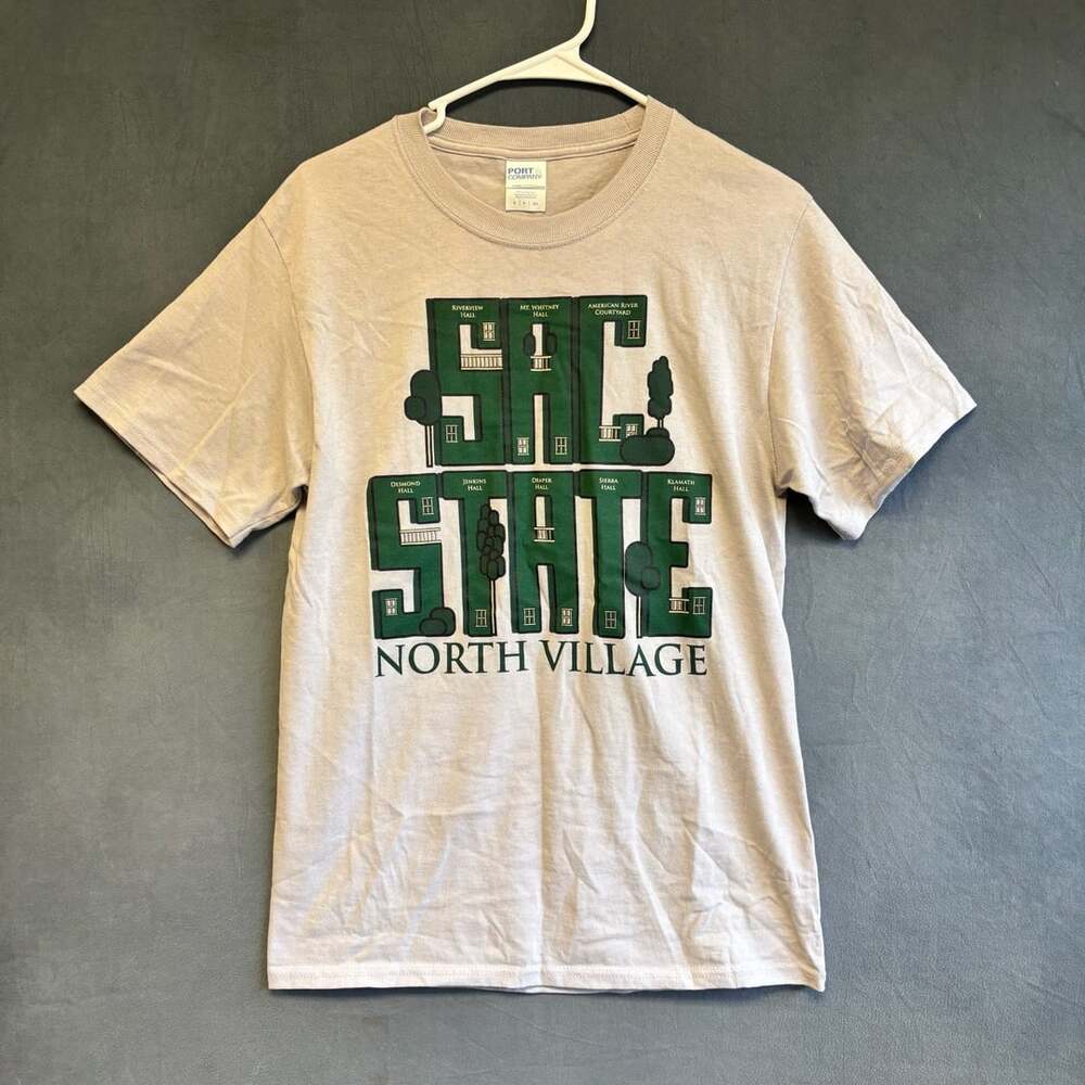 Port & Company Sac State North Village T-Shirt Size S White Graphic Tee